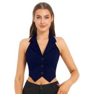 MSemis Gilet Femme Boléro sans Manches Veste à Bouton Débardeur Costume de Mariage Mariée Uniforme Formel Cardigan Blazers Vêtement de Travail S-XXL Q Bleu Marin XXL (msemis eu, neuf)