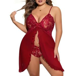 UMIPUBO Nuisette Sexy Femme Grande Taille Ensemble de Lingerie Sexy Coquine Hot Tenue Babydoll Teddy V&ecirc;tement de Nuit Col V Dentelle Robe de Nuit avec Sensuelle Culotte XL-4XL (Rouge Vineux, XL) (Bukely, neuf)