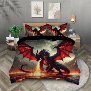 TKCQX Housse de Couette 1 Personne Dragon de Feu Housse de Couette 200x200 Enfant Gar&ccedil;on Fille Adulte Parure de Lit en Microfibre avec Taie d'oreiller 65x65 cm (TKCQX--欧盟R标, neuf)