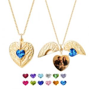 Collier m&eacute;daillon photo personnalis&eacute; avec pierre de naissance en forme de c&oelig;ur pour femme, collier personnalis&eacute; avec pendentif en forme d'ailes d'ange et photo, cadeau pour votre femme ou votre m&egrave;re (Bayboxt, neuf)