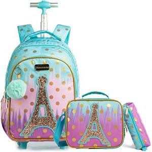Egchescebo Sac &agrave; Dos avec Roues pour Filles Enfants &Eacute;l&egrave;ve du Primaire D'&eacute;cole Bagages De Voyage avec Roues Lunch Et &Eacute;tui &agrave; Crayons, 3PCS 16&rdquo; &agrave; roulettes Letter A Tower pour Enfants (Egchescebo EUR, neuf)