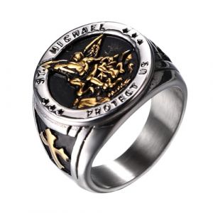 Flongo Bague Homme Chevalière Saint-Michel: Bague Chevalière Acier Inoxydable avec Insigne Religieux de Saint-Michel Style Biker Motard Amulette Protectrice - Cadeau Homme Anniveraire Fête des Pères (Flongo, neuf)
