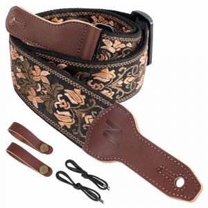 Nefelibata Sangle de guitare pour banjo, 5,1 cm de large, en cuir de vachette pleine fleur, réglable, sangle de guitare multi-motifs avec corde et bandeau en cuir (broderie fleur dorée) (QianYu EU, neuf)