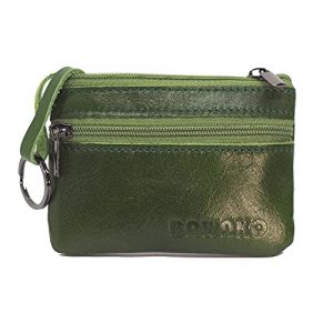 BAWAKO Portefeuille porte-monnaie en v&eacute;ritable cuir, petit porte-monnaie pour homme et femme, avec deux compartiments, fermeture &eacute;clair, porte-cl&eacute;s Mini Coin Purse, porte-monnaie, vert, W7/L10 (BAWAKO, neuf)