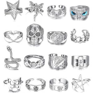 HSKRKOW 16 Pièces Bagues Pour Homm Réglables, Anneaux En Acier Inoxydable - Motif Tête De Mort - Pour Homme Et Garçon - Style Rétro, Bagues Homme,Open Punk Bague Tete De Mort Homme(16Forme) (HSKRKOW, neuf)