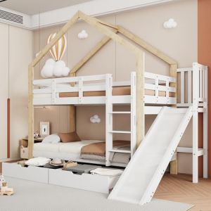 OOIILLEE Lit Cabane Enfants 90x200 avec Toboggan et échelle d'angle à Trois marches, Lit Superposé 2 Places avec 2 tiroirs, Lit Enfant Cadre de lit en Bois Massif Blanc Naturel(sans Matelas) (OOIILLEE, neuf)