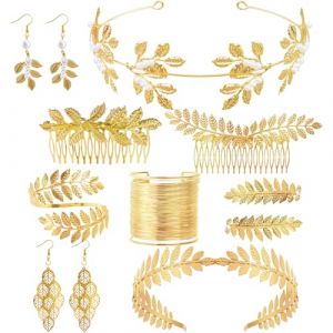 10 Pièces Déesse Grecque Costume, Parure de Bijoux Femme, Couronne de Laurier, Bracelet Manchette, Boucles d'Oreilles Perle, Pince à Cheveux， Peigne à Cheveux Latéral et Bracelet Bras pour Mariage (ISPAS STORE S.R.L.*, neuf)