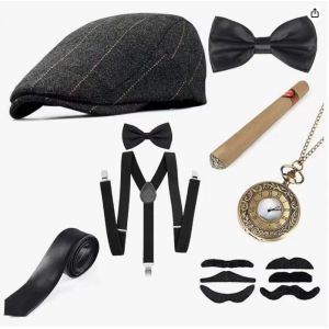 Ensemble d'accessoires de costume des années 20, accessoires pour homme Gatsby Mafia Gangster avec chapeau Panama réglable,bretelles élastiques, montre de poche pour événement, fête, cosplay, carnaval (FEIERBUY, neuf)
