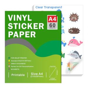 Papier autocollant en vinyle transparent imprimable pour imprimante à jet d'encre - Format A4 (297 x 210 mm), imperméable et auto-adhésif compatible avec Cricut, couleurs vives (60 feuilles) (Ruibtree-FR, neuf)