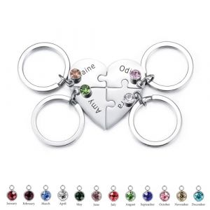 INBLUE Personnalis&eacute; 2-5 Noms Coeur Puzzle Pi&egrave;ce En Acier Inoxydable Porte-cl&eacute;s Ensemble Nom Personnalis&eacute; Porte-cl&eacute;s Cadeaux pour Les Femmes (Argent - 4 pi&egrave;ces & Pierres de Naissance) (INBLUE Jewellery, neuf)
