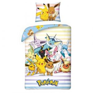 POKEMON Pikachu EEVEELUTIONS EEVEE Parure de lit Housse de couette 140 x 200 cm + taie d'oreiller 70 x 90 cm - Réversible - 100 % polyester - Multicolore (Theonoi, neuf)