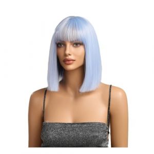 Perruque, Frange Qi bleu clair de no&euml;l, cheveux courts et lisses, en Fiber chimique, couverture compl&egrave;te de la t&ecirc;te europ&eacute;enne et perruque (zhujuan08, neuf)