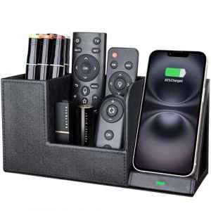 LADSTAG Organisateur de Bureau en Cuir, Rangement Bureau Organisateur Porte Stylo organiseur bureau avec Chargeur Induction pour iPhone 16 15 14 13 12 Pro Max Samsung Galaxy S24/S23/S22/S21/S20 (LADSTAG-EU, neuf)