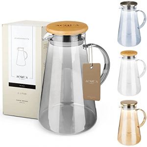 ACQUA DI AMALFI® Carafe en verre - Carafe à eau de 2 l avec couvercle en acier inoxydable et bambou - Pichet à eau avec infuseur à fruits - Anti-fuite - Carafe également comme théière (noir/bambou) (Varento, neuf)