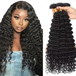 Tuheerst Deep Wave Human Hair Bundles Tissage Bresilien en lot Cheveux Humain Natural Black Human Hair Extensions 3 Bundles Tissage Cheveux Naturels Double Weft Remy Hair 12 12 12 Pouce (QC Hair, neuf)
