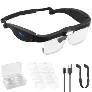 eSynic Lunette Loupe avec 3 Lumières LED 2 Luminosités Réglables Loupe Grossissante 5 Lentilles Détachables 0.75X,1.25X,2X,3X,4X Loupe Indicateur de Pile pour Lecture Travaux de Précision Réparation (GGY FR, neuf)