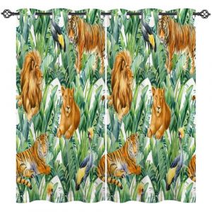ANHOPE Rideau Occultant Tropical Tigre Lion Oiseaux Tenture Opaque à Oeillets Draperies Intérieurs Lot de 2 Rideau Thermique Isolant pour Maison Chambre Salon Fenetre L 107 x H 160 cm (ANHOPE HOME, neuf)
