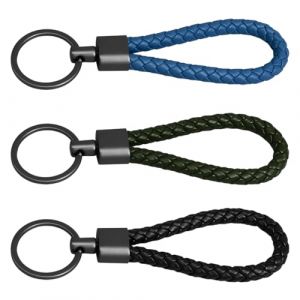 Lot de 3 porte-cl&eacute;s tress&eacute;s en cuir synth&eacute;tique - Pour le travail, les cl&eacute;s de voiture, la bouteille, le camping, la randonn&eacute;e, 3 couleurs, taille unique (Noir + Vert Olive + Bleu Marine) (amiablelly, neuf)
