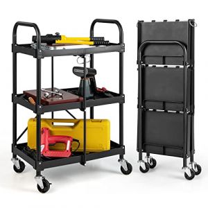 COSTWAY Chariot Servante d'Atelier à 3 Niveaux Pliant avec Roues Universelles, Chariot à Outils 4 Rainures et Mains Courantes Charge 45KG, 61 x 44 x 96 cm Noir (FDS GmbH, neuf)