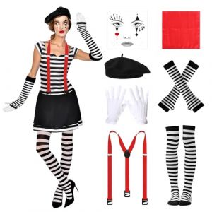 7 pi&egrave;ces costume de mime pour femme, accessoires de costume de mime avec b&eacute;ret basque, bretelles rouges, chemise ray&eacute;e, gants, tatouage facial Pierrot fran&ccedil;ais pour Halloween, carnaval, carnaval de cl (ZINIMAOYI, neuf)
