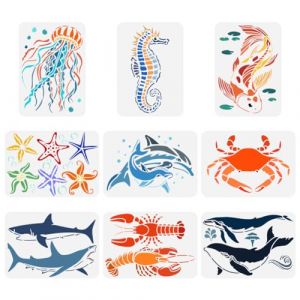 FINGERINSPIRE 9 Pochoir de Peinture de Créatures Aquatiques de 21x29.7 cm Hippocampe Méduse Koi Dauphin Crabe Étoile de Mer Homard Requin Baleines Modèle pour Peinture sur Bois Mur Tissu Meubles (FINGERINSPIRE FR, neuf)