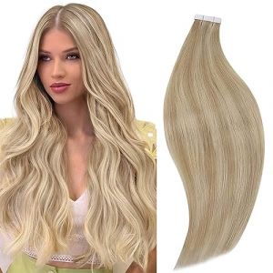 RUNATURE Long Extension Cheveux Adhesive Naturel Blond Extension Cheveux Adhesive Humain Blond Foncé avec Blond Adhesif Extension Cheveux Blond 22 Pouces/55cm 20 Pièces/50g #16P22 (Runature EU, neuf)