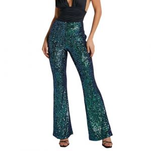 Duohropke Pantalon &agrave; paillettes pour femme, jambe large, taille haute, avec paillettes, &eacute;l&eacute;gant, style ann&eacute;es 70, pantalon stretch pour club, f&ecirc;te, danse, vert, XXL (PANGCON, neuf)