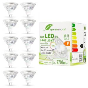 greenandco 10x MR16 GU5.3 | remplace 30W | blanc chaud 2700K | IRC 90+ | 3W 270 lm | 38&deg; | sans scintillement | Ampoule LED COB | 12V AC/DC | non dimmable (greenandco-fr, neuf)