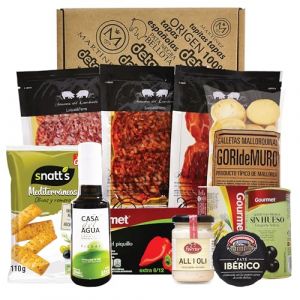 Panier cadeau - Soirée tapas pour deux I Cadeaux espagnols, Jambon Serrano, Pata negra chorizo, Salami Pata negra, Aceite de oliva virgen extra (Grup Margiro, neuf)