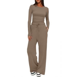 CheChury Ensemble Pantalon Femme Chic et Elegant 2 Pi&egrave;ces Tenue Surv&ecirc;tement Slim Fit Manche Longue Haut et Pantalon Fluide avec Poches D&eacute;contract&eacute;,caf&eacute;,XS (LYworld, neuf)