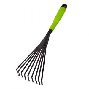 Mivos Balai &agrave; Gazon de Jardin en Acier - Petit R&acirc;teau &agrave; Main en Forme &Eacute;ventail pour Ramasser Les D&eacute;chets de Jardin - 9 &Eacute;lastique Dents - Outil de Jardin pour Nettoyer- Largeur 12 cm (MIVOS, neuf)