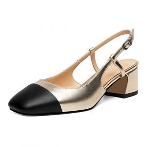 EDEFS Escarpins Femme Talon Haut Chunky Heels 5CM Slingback Bout Carré Bureaux Mariage Chaussures Noir-Or EU43 (EDEFS Official Store, neuf)
