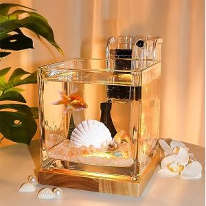 Kit aquarium de bureau de 3 litres - Petit verre pour enfants débutants - Bac à poisson Betta carré avec base en bois - Lumière LED - Pompe à eau - Accessoires - Filtre autonettoyant (weiyi888, neuf)