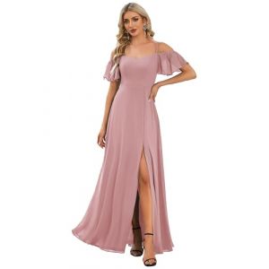 Ever-Pretty Robe de Soir&eacute;e Longue Femme &Eacute;paules D&eacute;nud&eacute;es &agrave; Bretelles &agrave; Volants Fendue en Mousseline Fluide Rose Poussi&eacute;reuse 44 (Ever-Pretty Plus, neuf)