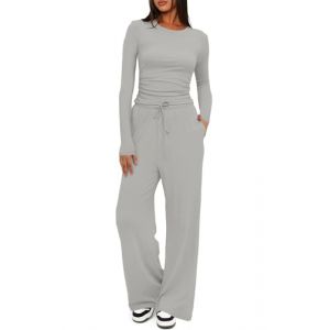 CheChury Ensemble Pantalon Femme Chic et Elegant 2 Pi&egrave;ces Tenue Surv&ecirc;tement Slim Fit Manche Longue Haut et Pantalon Fluide avec Poches D&eacute;contract&eacute;,gris clair,XS (LYworld, neuf)