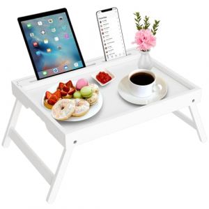 Plateau de Petit-déjeuner avec poignées Pliantes et Fente média pour Pieds, Plateau Pliable, Bureau pour Ordinateur Portable, collation, lit TV, Plateau de Cuisine (A-White) (Kiwaly, neuf)