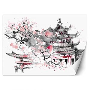 Feeby Papier Peint Intisse Fleur De Cerisier Aquarelle 400x280 cm rose Déco Murale Trompe L' Oeil Tapisserie Moderne Salon Chambrea' Coucherr Salle De Bain Cuisine Japon Pagode (Feeby, neuf)