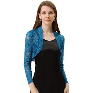 Allegra K Boléro Dentelle Florale Femme Cardigan Court Ouvert Devant à Manches Longues Boléro Élégant pour Invité de Mariage et Cocktail Gilet Court Demi-Transparent Lac Bleu M (Weisser Berg, neuf)
