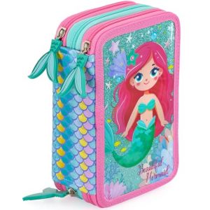 Trousse Scolaire Complète 45 Pièces – Kit Créatif Triple Compartiment avec Stylos Gel Effaçables, Crayons 4.0 mm, Feutres – Idée Cadeau Fille Julian Ross – Motif sirène pailleté (clondo, neuf)