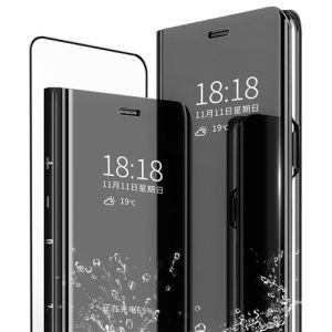 MLOTECH Smart étui pour Huawei P30 Coque et Verre trempé Flip Clear View Translucide Miroir Standing 360°Housse Antichoc Bumper -Noir (MLOTECH, neuf)