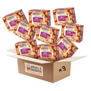 Michel & Augustin &ndash; Petits feuillet&eacute;s au Lard du Sud-Ouest et pointe d&rsquo;oignons &ndash; P&acirc;te feuillet&eacute;e pur beurre &ndash; Biscuit ap&eacute;ritif croustillant 80g x 9 (Deligusta, neuf)
