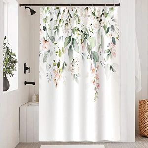 Uiiooazy Rideau Douche Vert Sauge, Rideau de Douche Feuilles d'eucalyptus Fleur Rose Rideaux de Baignoire Anti Moisissure Imperméable Tissu Polyester Lavable Rideaux de Bain avec 8 Crochets 120x200cm (dongguibinjingpinxiaodianpu, neuf)