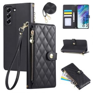 Rosbtib &Eacute;tui pour Samsung Galaxy S21 FE 5G 2022 6.4 Pouces, Coque pour t&eacute;l&eacute;phone Portable en Cuir PU avec Broderie en Losange, Galaxy S21 FE 5G &Eacute;tui &agrave; Rabat avec dragonne et bandouli&egrave;re, Noir (Tengkai Technology, neuf)