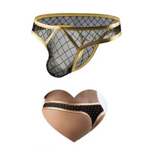 sunshinelady String Homme Transperent Sexy Chic Tanga Grande Taille en R&eacute;sille et Cuir PU Taille Basse Bikini String Slip Jockstrap sous Vetement Respirant Sissy Lingerie Tenue Libertin Club Dor&eacute; XL (Sunshinelady, neuf)