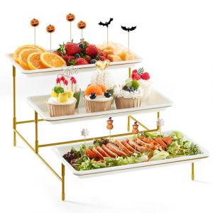 Lifewit Plateau de Service avec 3 Plats, Plateau Repas, Grand Plateau Plastique Rectangulaire 30×17cm, Presentoir Aperitif Buffet, Présentoir à Gâteaux, Panier Fruits, Support en Métal Doré (Lifewit Home FR, neuf)