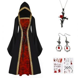 IEEILULU Deguisement Vampire Femme, Medieval Costume Gothic Hooded Costume Halloween Femme Vampire avec Collier et Boucles d'oreilles, Halloween Carnival Cosplay Masquerade Ball Ladies Costume(2XL) (NEXUSHIVE VELVETAPEX Kft., neuf)