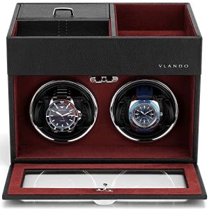 Vlando Remontoir &agrave; Montres Automatique 2 Montres, Remontoir Montre en Cuir avec Pochette de Rangement pour Bijoux, Moteurs Silencieux Japonais, &eacute;clairage LED, Adaptateur Secteur (Vlando-EU, neuf)