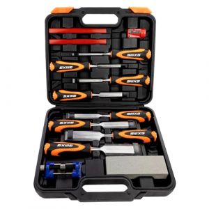 SIIIXS Lot de 13 ciseaux &agrave; bois de qualit&eacute; sup&eacute;rieure, 8 burins &agrave; bois avec 1 guide d'aff&ucirc;tage, 1 pierre &agrave; aiguiser et 2 crayons de charpentier, lames en alliage Cr-V trait&eacute;es thermiquement (GEFEI, neuf)