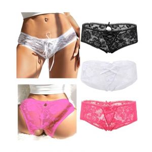 comeondear String Ouvert Femme Sexy Hot sous-vêtements Grande Taille Tanga Lingerie Érotique Dentelle Culotte Fendue Shorty Noir Slip Stretch Lot de 3(Multicolore#3,3XL-4XL) (ComeonDear, neuf)