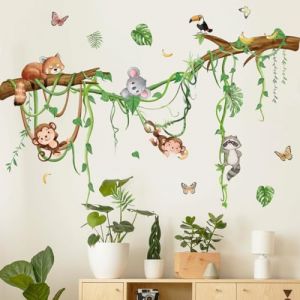 Runtoo Stickers Muraux Animaux de la Jungle Autocollant Mural Forêt Branche Arbre Tropicales Plantes Deco Stickers Chambre Enfants Fille Garçon Bébé Décoration (Decalplanet-EU, neuf)